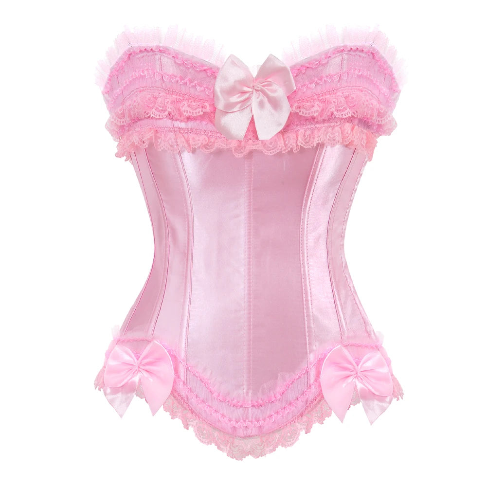 Sexy Satin Overbust Corset Top Lace Bowknot Decorated Clubwear Showgirl Body Shaper Plus Size
