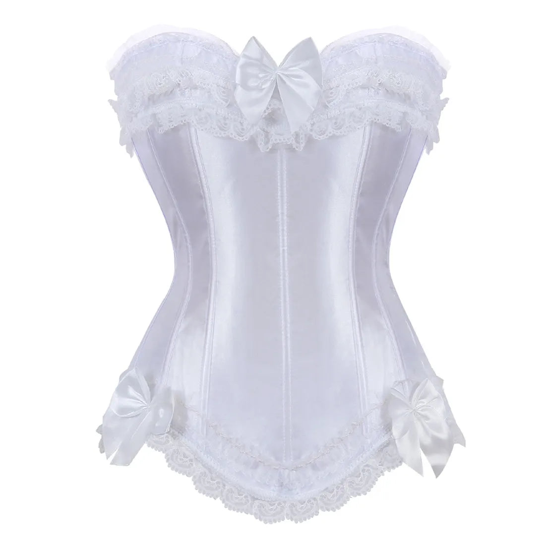 Sexy Satin Overbust Corset Top Lace Bowknot Decorated Clubwear Showgirl Body Shaper Plus Size