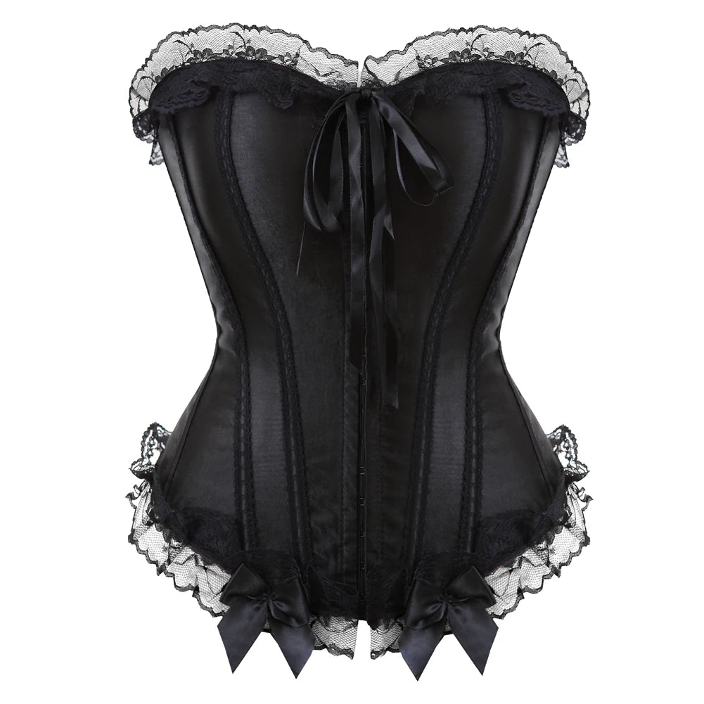 Sexy Satin Overbust Corset Top Lace Bowknot Decorated Clubwear Showgirl Body Shaper Plus Size
