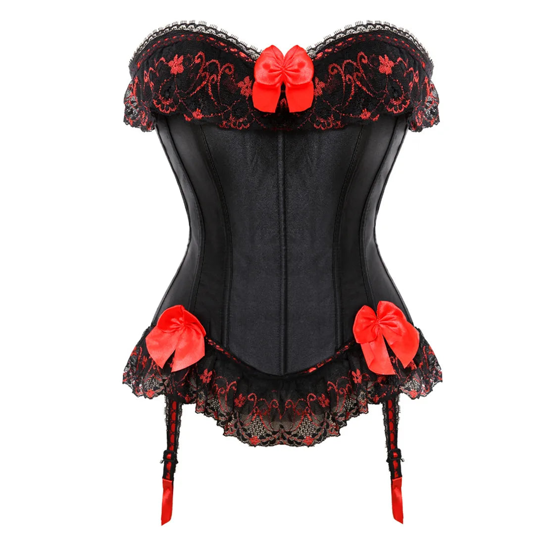 Sexy Satin Overbust Corset Top Lace Bowknot Decorated Clubwear Showgirl Body Shaper Plus Size
