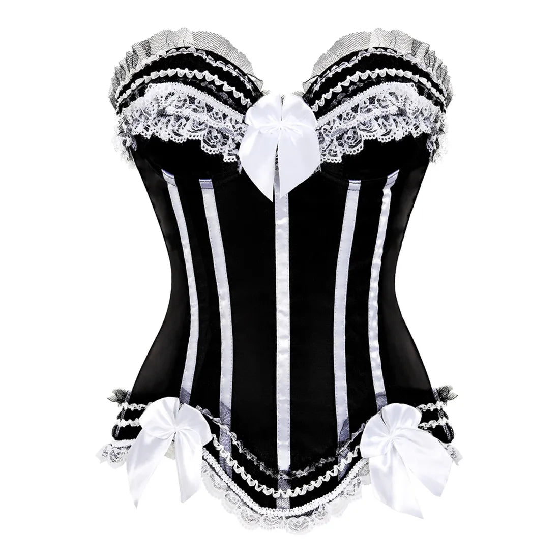 Sexy Satin Overbust Corset Top Lace Bowknot Decorated Clubwear Showgirl Body Shaper Plus Size