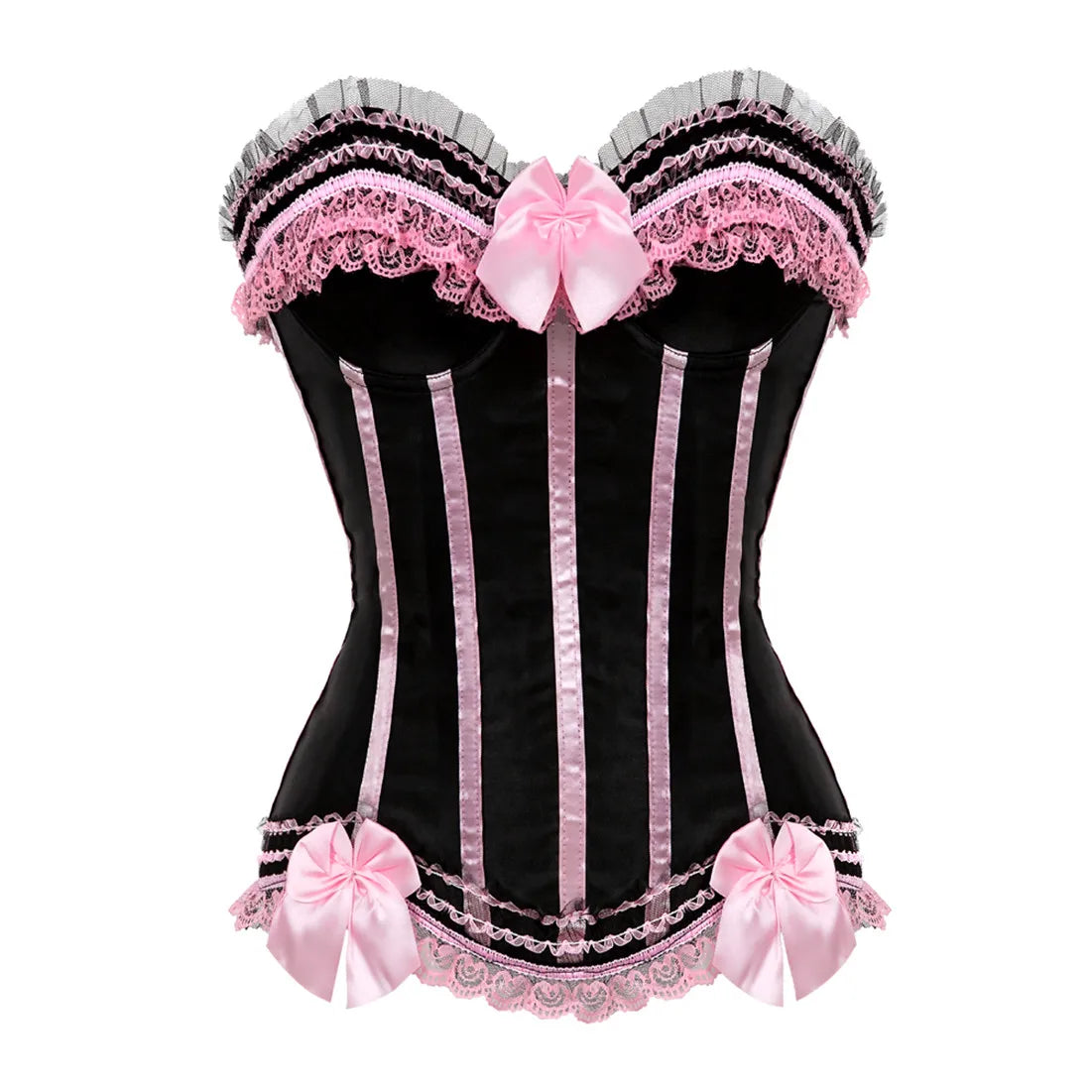 Sexy Satin Overbust Corset Top Lace Bowknot Decorated Clubwear Showgirl Body Shaper Plus Size
