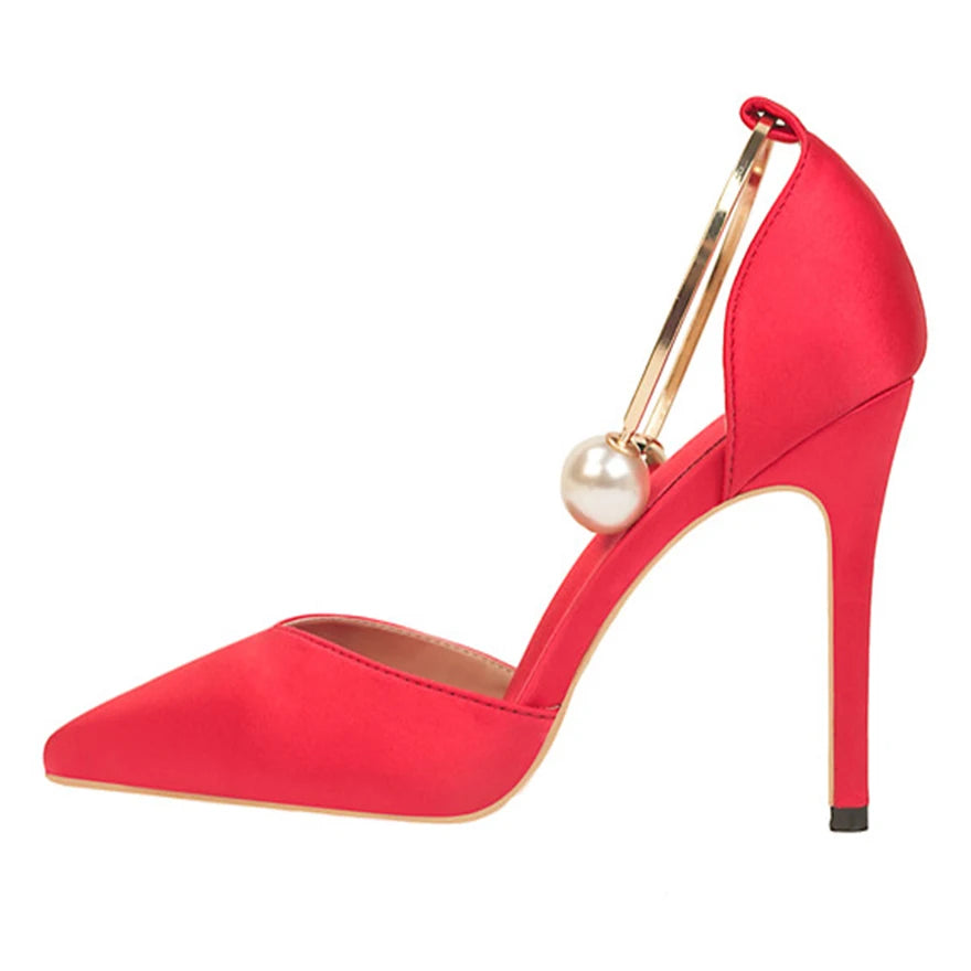 2025 New Elegant Pearl Metal Buckle High Heels Women Sandals Korean Fashion Soft Silk Pointed Ladies Shoes Party Sandals Shallow