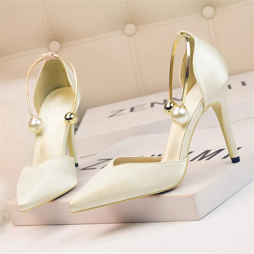 2025 New Elegant Pearl Metal Buckle High Heels Women Sandals Korean Fashion Soft Silk Pointed Ladies Shoes Party Sandals Shallow