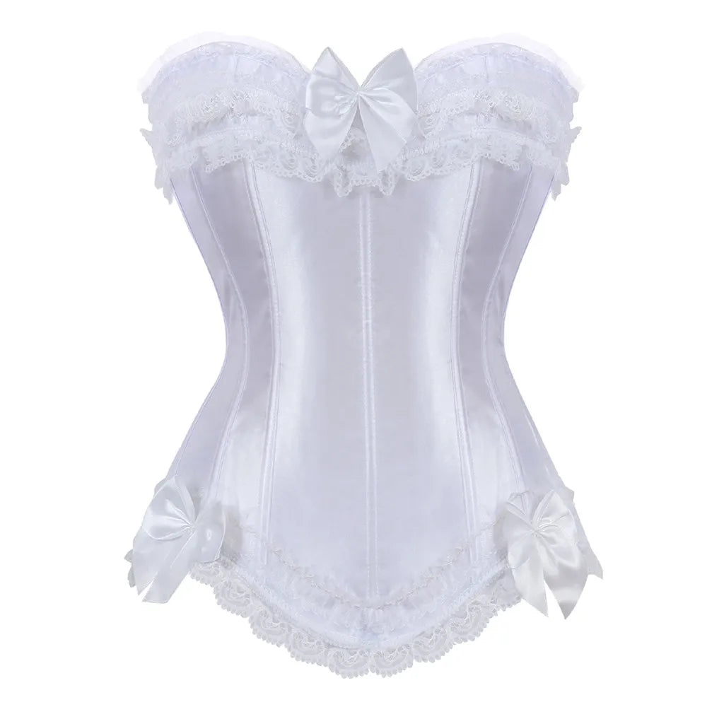 Sexy Satin Overbust Corset Top Lace Bowknot Decorated Clubwear Showgirl Body Shaper Plus Size