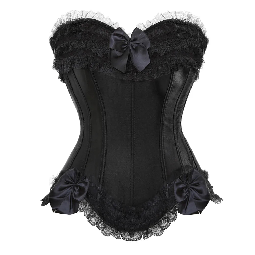 Sexy Satin Overbust Corset Top Lace Bowknot Decorated Clubwear Showgirl Body Shaper Plus Size