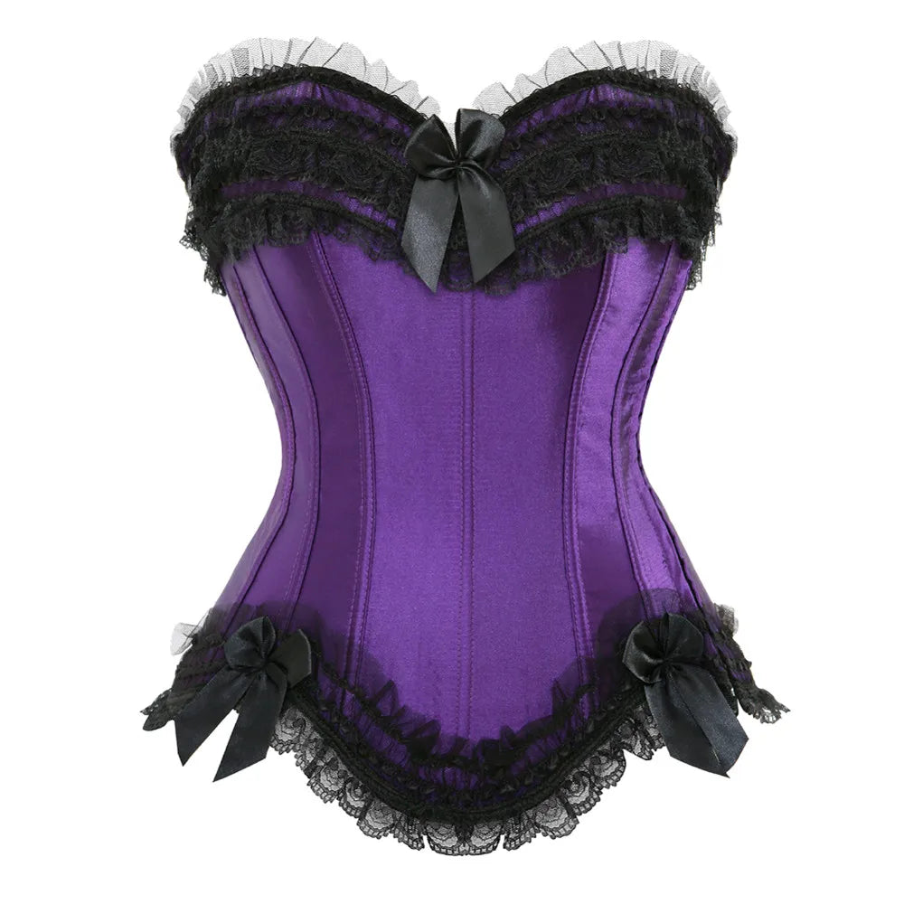 Sexy Satin Overbust Corset Top Lace Bowknot Decorated Clubwear Showgirl Body Shaper Plus Size
