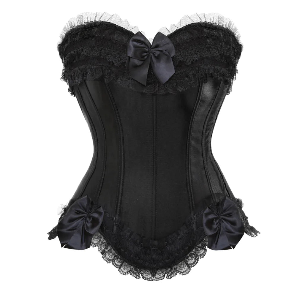 Sexy Satin Overbust Corset Top Lace Bowknot Decorated Clubwear Showgirl Body Shaper Plus Size