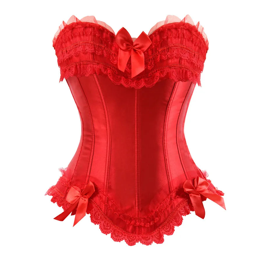 Sexy Satin Overbust Corset Top Lace Bowknot Decorated Clubwear Showgirl Body Shaper Plus Size