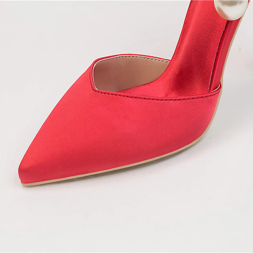 2025 New Elegant Pearl Metal Buckle High Heels Women Sandals Korean Fashion Soft Silk Pointed Ladies Shoes Party Sandals Shallow