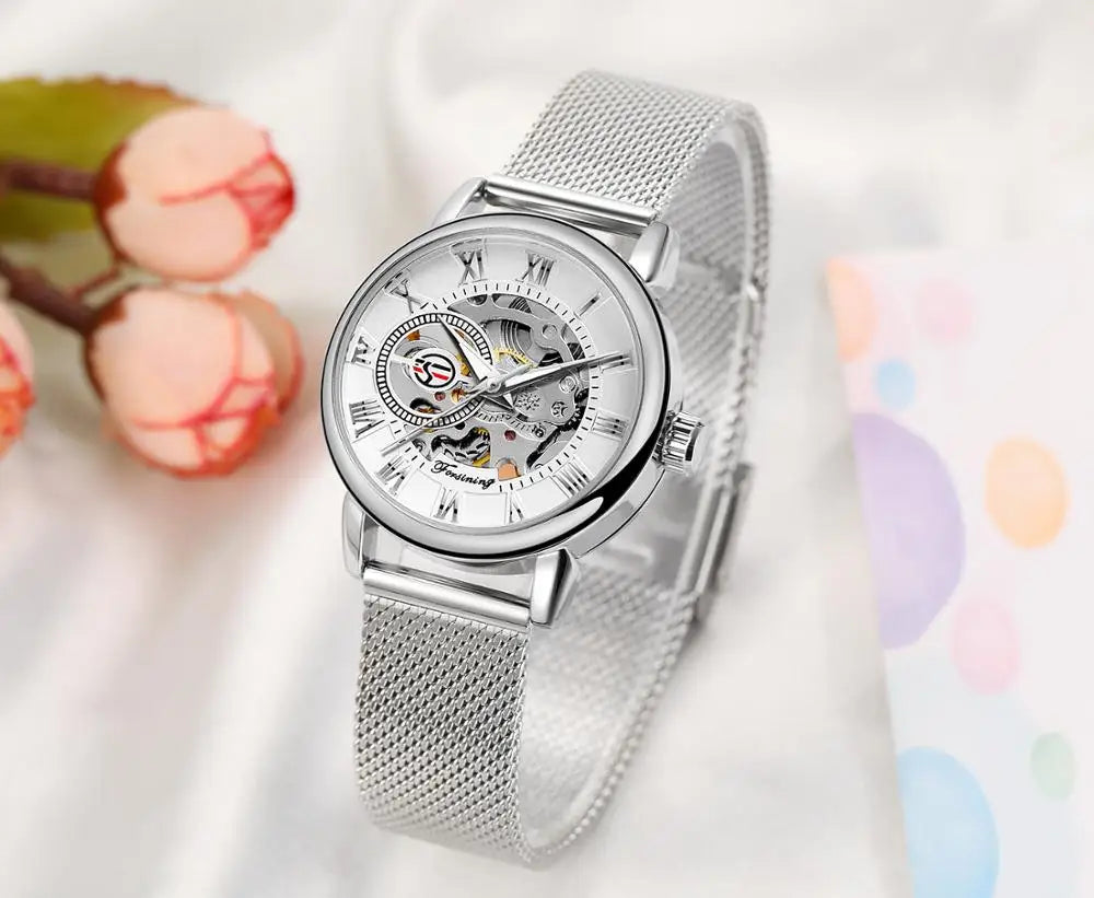 Reloj Mujer FORSINING Fashion Woman Watch Mechanical Automatic Movement Wristwatch Mesh strap Band Female Mechanical Watch Hot