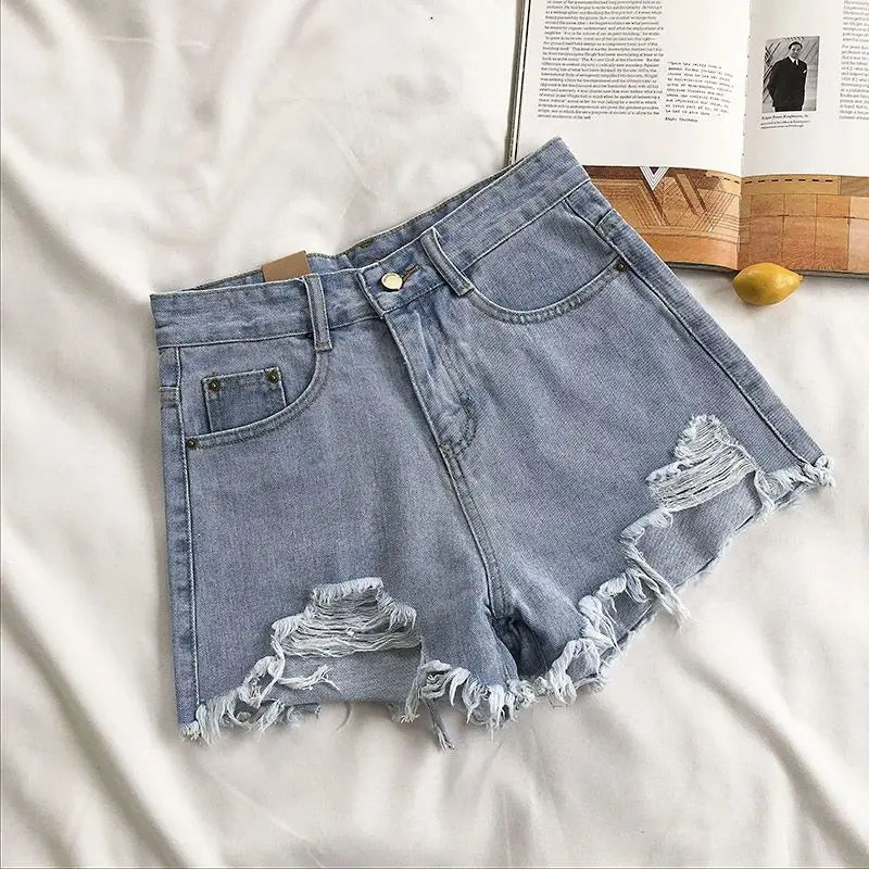 Casual High Waist Denim Shorts Women Summer Pocket Tassel Hole Ripped jeans Short Female Femme Short Pants Women