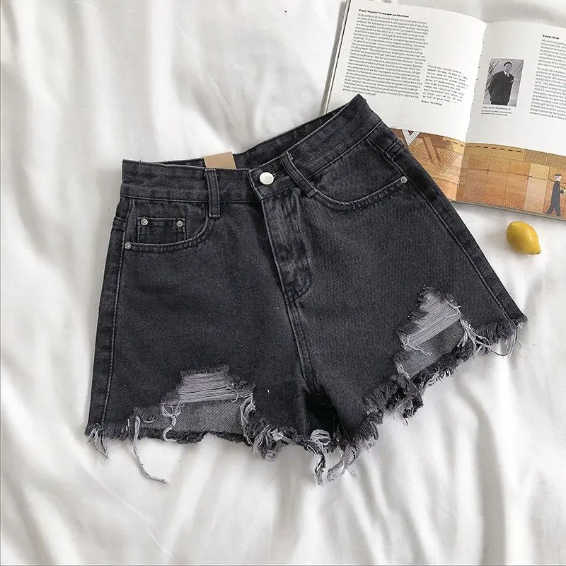 Casual High Waist Denim Shorts Women Summer Pocket Tassel Hole Ripped jeans Short Female Femme Short Pants Women