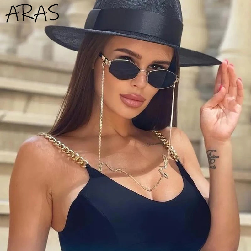 Trendy Retro Hexagon With Chain Sunglasses Women 2023 Brand Designer Unique Polygonal Sun Glasses For Female Small Frame Eyewear Wofashion.xyz