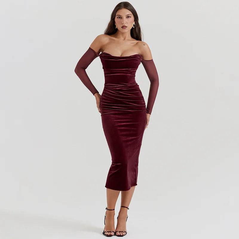 Christmas Velvet Backless Elegant Evening Club Party Dress Women Pleated Robes Sexy Dress Midi Bodycon Winter Dress Vestidos