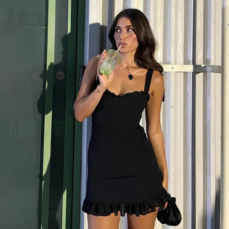 Mozision Elegant Women's Summer New Sexy Backless Solid Slash Neck Dress Slim Fit Waist Camisole Mini Dress Club Party Dress