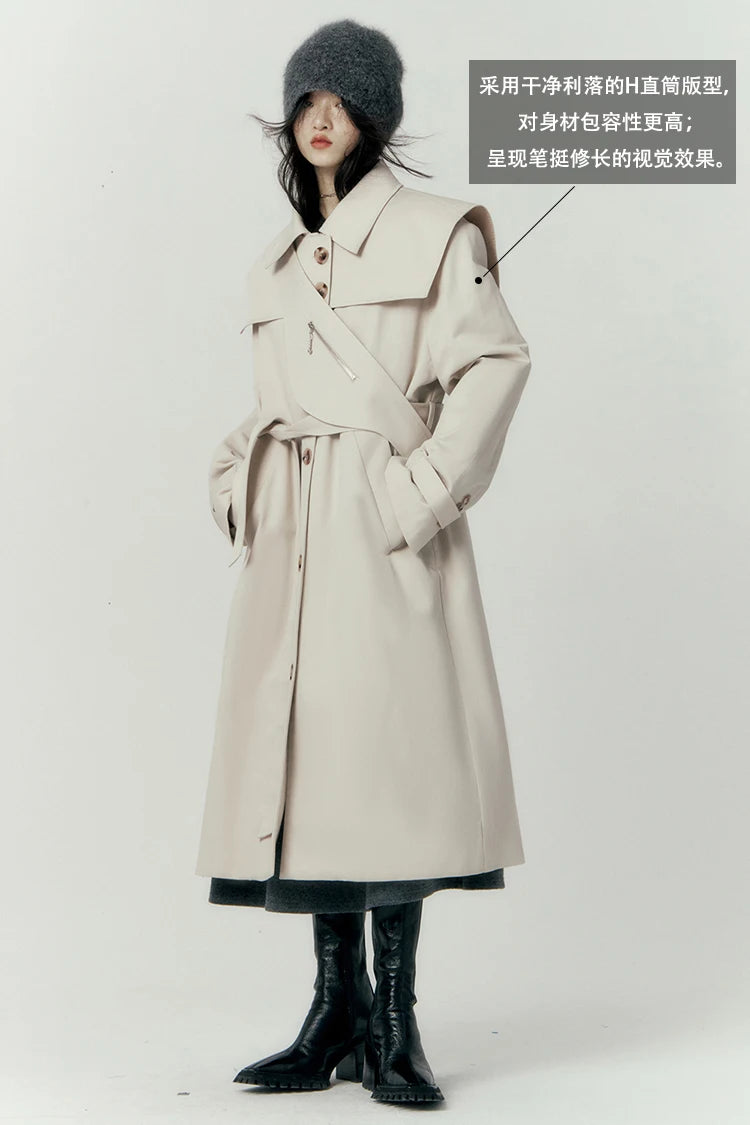 Lautaro Autumn Cool Long Trench Coat for Women Removable Sailor Collar and Pockets Belt Runway Fashion Luxury Designer Clothes
