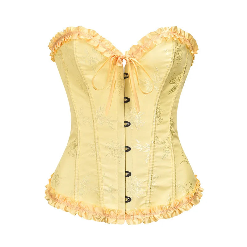 Yellow Jacquard Ruffled Trim Boned Sexy Overbust Push Up Bustier Top Corset Mujer Slimming Corsets For Women Sexy Gothic Clothes Wofashion.xyz