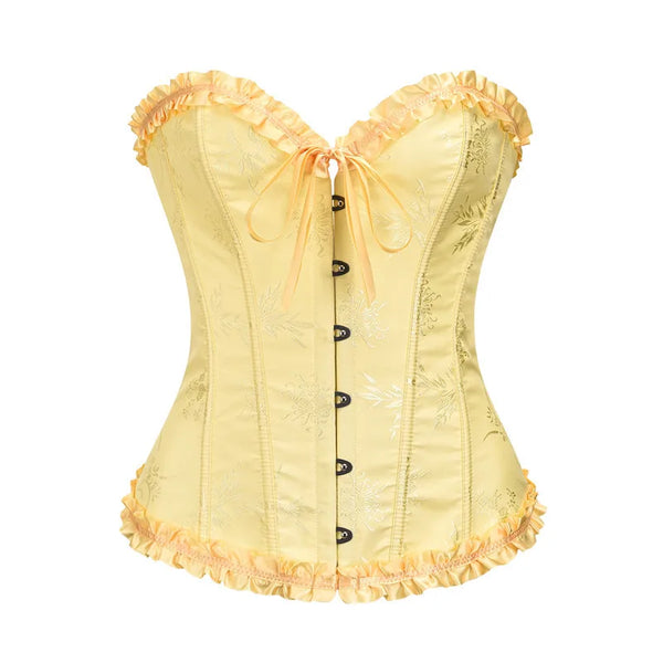 Yellow Jacquard Ruffled Trim Boned Sexy Overbust Push Up Bustier Top Corset Mujer Slimming Corsets For Women Sexy Gothic Clothes Wofashion.xyz