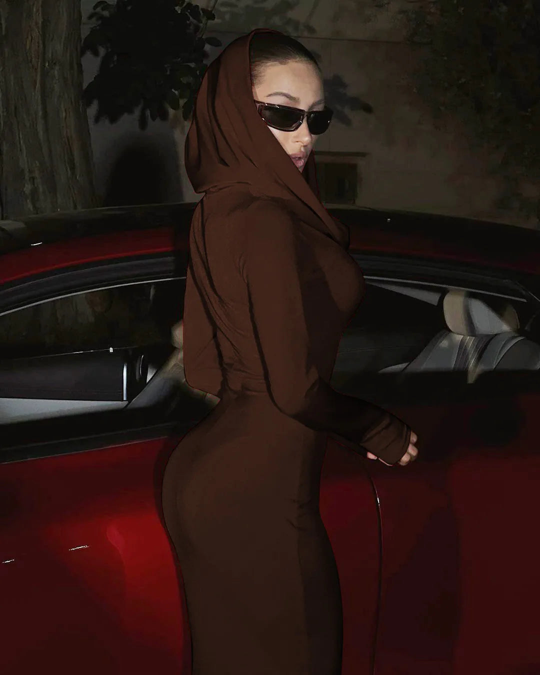 DSMTRC High Street Red Christma Hooded Long Sleeve Maxi Dress for Woman Slim Solid Bodycon Party Vestidos Elegant Autumn Dresses