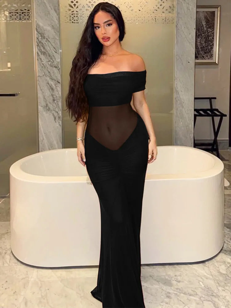 Mozision Off-shoulder Backless Sexy Maxi Dress Women Summer Fashion Strapless Sleeveless See Through Club Party Long Dress