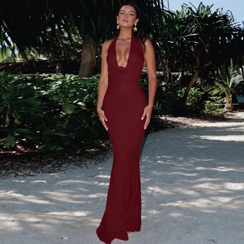 Mozision Deep V-neck Lace-up Sexy Maxi Dress For Women Elegant Off-shoulder Sleeveless Halter Fashion Backless Club Party Dress