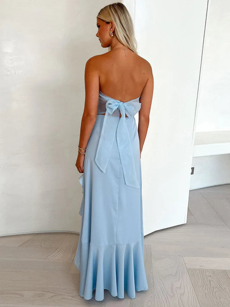 Mozision Off-shoulder Strapless Ruffled Sexy Maxi Dress Women Summer Fashion Backless Bow Thigh High Split Club Long Dress