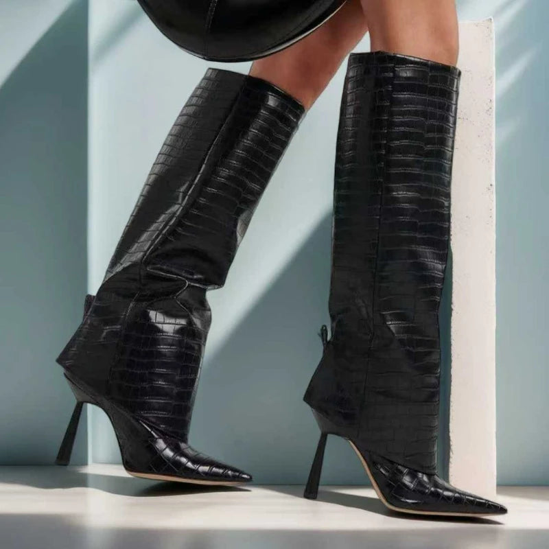 Women's Fashion Retro Stone Pattern Pointed Sleeve Skirt Boots European and American High End Loose Pants Banquet Boots Wofashion.xyz