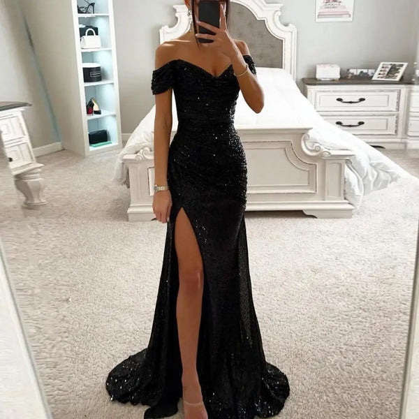 2025 Elegant Off-shoulder Gown Dress V-Neck Sequin Pleated Short Sleeve Waist Tight Maxi Dress Split Evening Party Prom Dress Wofashion.xyz