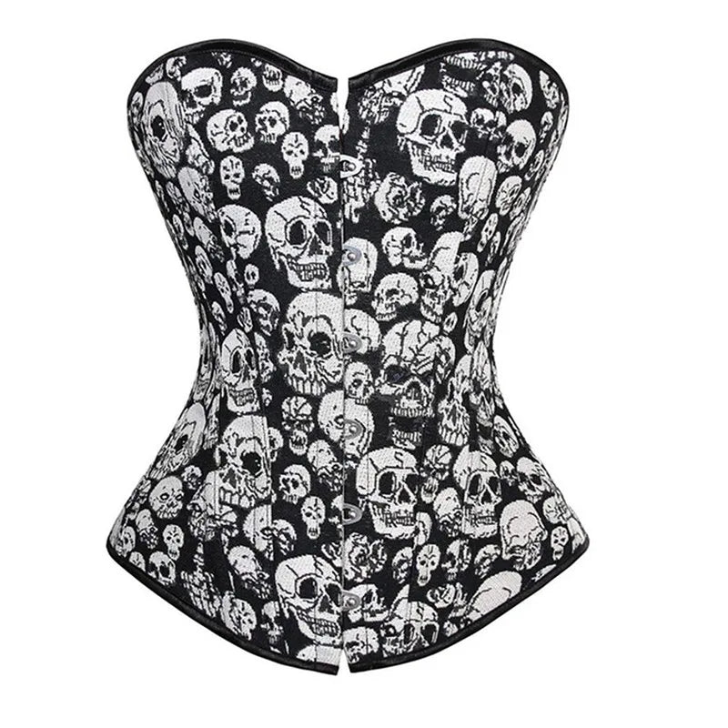 Corset Underbust Top Plus Size Bustier Skull Printing Burlesque Costume Halloween Pattern Lingerie Vintage Clothing Black Wofashion.xyz