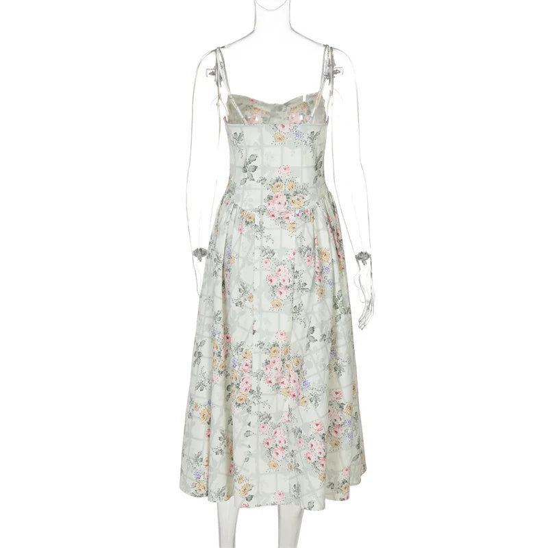 Mozision Spaghetti Strap Print Midi Dress Women Fashion Off-shoulder Sleeveless Backless A-line High Waist Pleated Long Dress