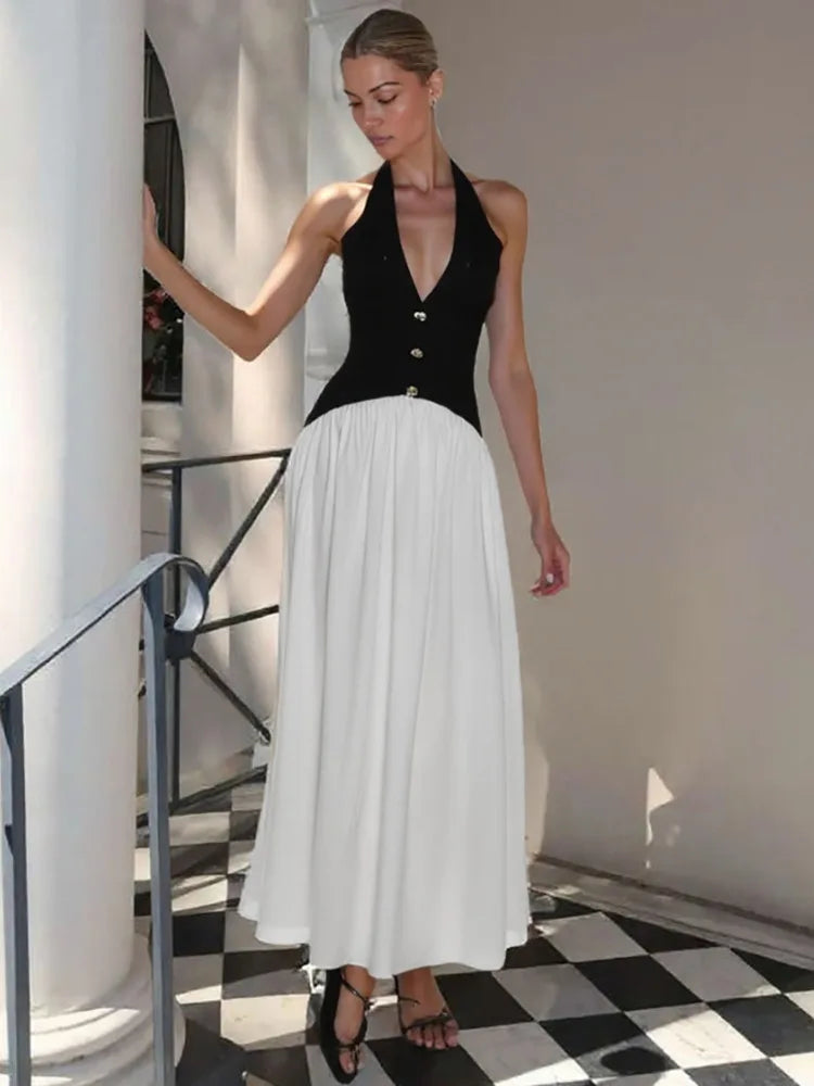 Mozision Halter V Neck Backless Sexy Maxi Dress Women Fashion Patchwork Button Sleeveless High Waist Ruched Club Party Dress