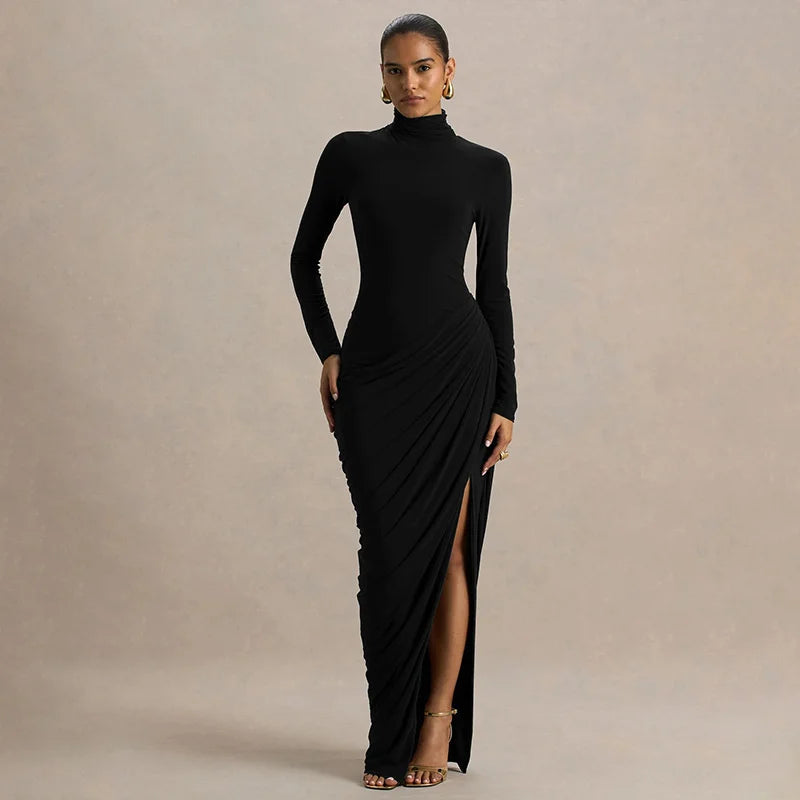 Mozision Turtleneck Long Sleeve Sexy Maxi Dress Women Elegant Autumn Winter High Waist Ruched Thigh High Split Club Long Dress