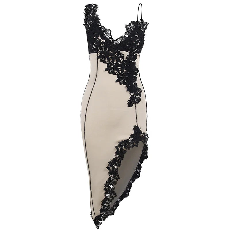 Mozision Lace High Split Sexy Midi Dress For Women Robe 2023 New Spaghetti Strap Sleeveless Deep V Neck Party Long Dress Vestido