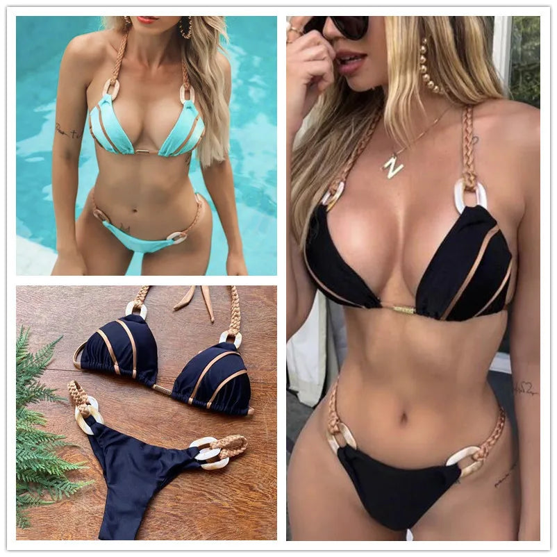 Solid Color Strap Women Bikini Sexual Beach Holiday Swimwear Wofashion.xyz