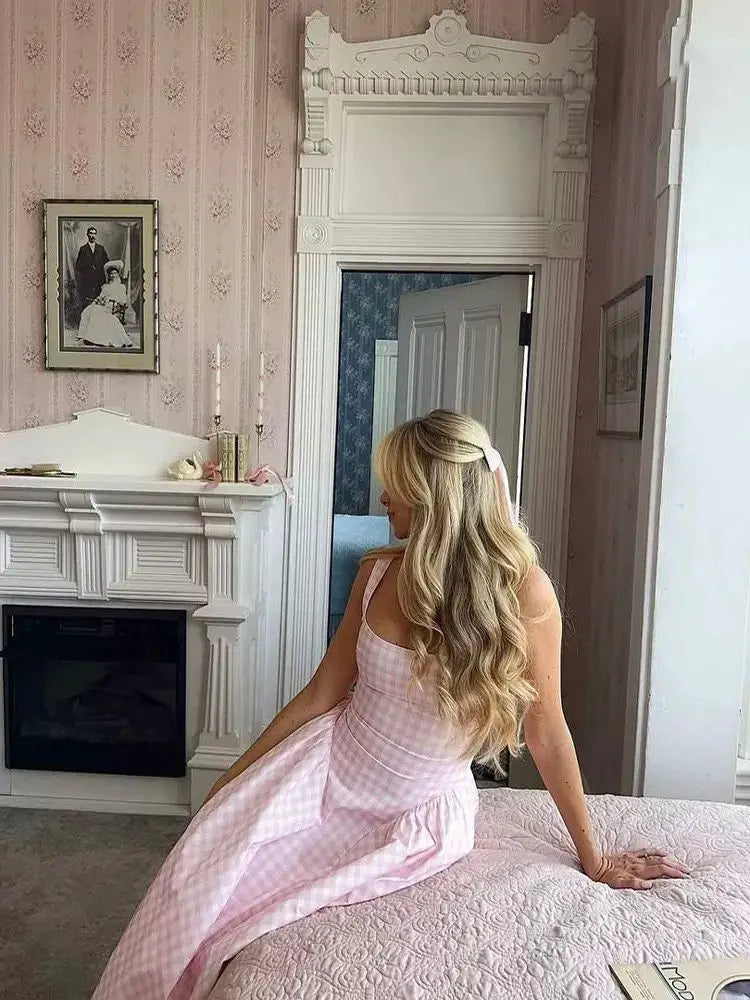 YENKYE Lace Up Bandage Plaid Sling Dress Women Elegant Square Neck Low Waist A-line Midi Summer Dresses Holiday Party Robe 2025