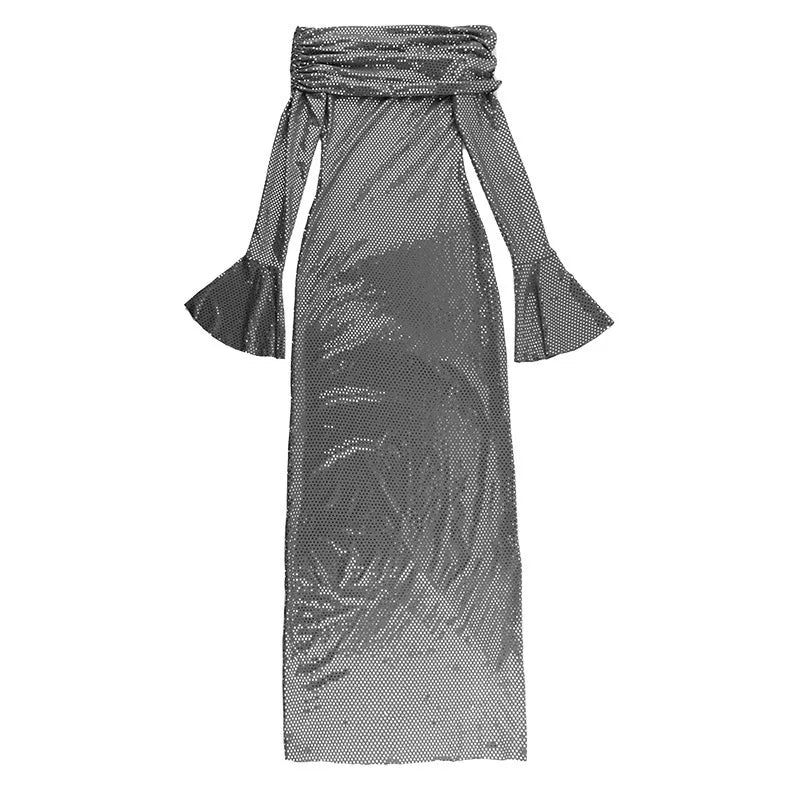 Mozision Elegant Strapless Sparkle Maxi Dress For Women Fashion Off-shoulder Backless Long Flare Sleeve Bodycon Club Party Dress