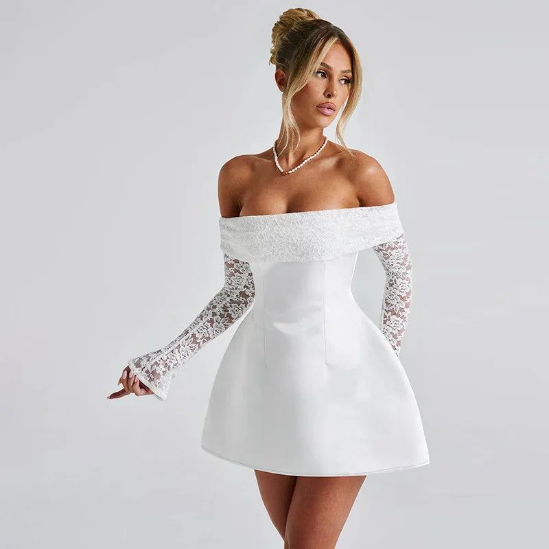 NIDANSSI White Lace Strapless Pleated Evening Party Dress Women Backless Elegant Sexy Dress Bodycon Mini Winter Dress Vestidos