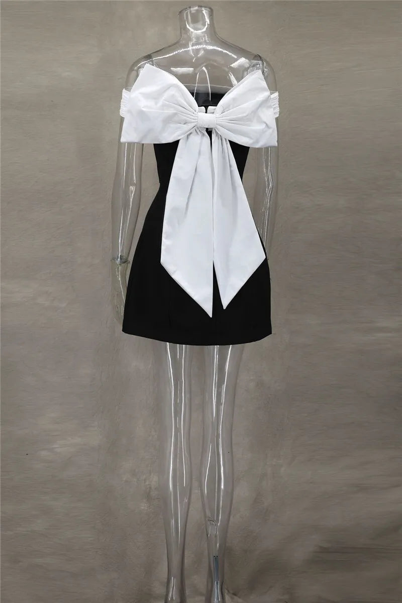 Mozision Bow Backless Sexy Mini Dress For Women Robe Elegant Off-shoulder Strapless Sleeveless A-line Club Sexy Dress Vestido