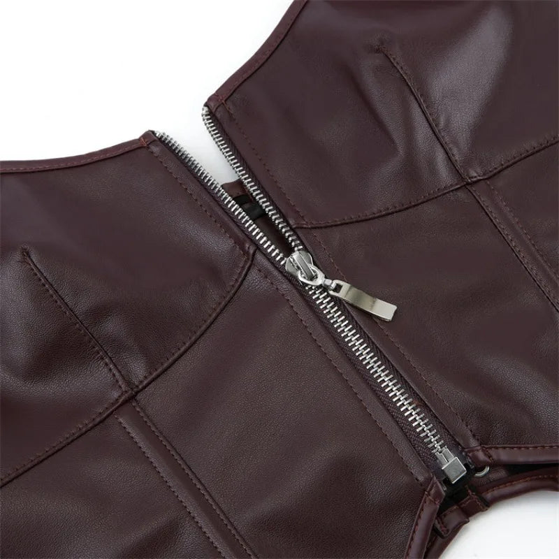 Women Sexy Faux Leathe Overbust Corset Crop Tops Gothic Zipper Halter Bustier Ladies Push Up Body Shaper Lingerie Corselet