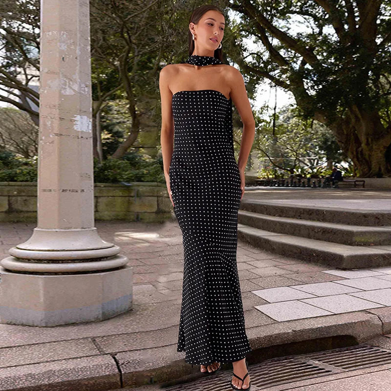 Mozision Polka Dot Strapless Sexy Maxi Dress Women Gown Elegant Scarf Collar Off-shoulder Backless Sleeveless Club Party Dress