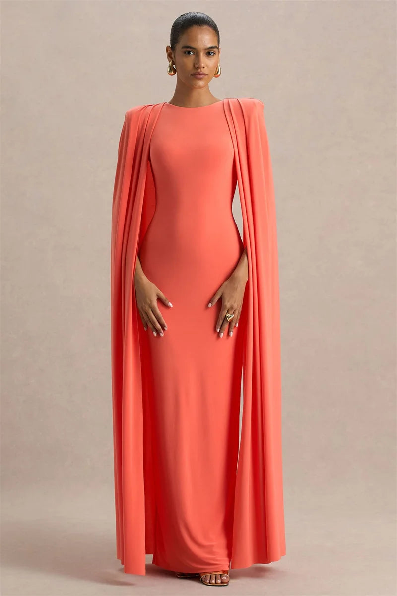 Mozision Cape Sleeve Sexy Maxi Dress Women Gown Elegant Fashion Zipper O Neck High Waist Split Club Party Long Dresses Female