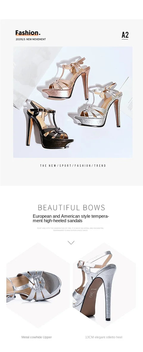 Women's Summer European and American Fashion Stiletto Waterproof Platform Leather Open Toe Round Head Buckle Sandals