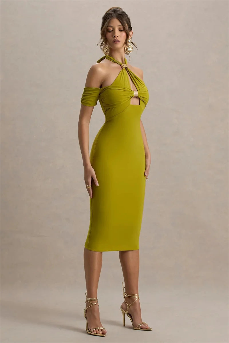 Mozision Hollow Out Halter Backless Sexy Midi Dress Women Fashion Off-shoulder Sleeveless Skinny Club Party Long Dress Elegant