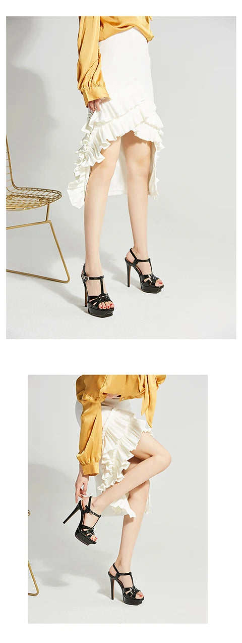 Women's Summer European and American Fashion Stiletto Waterproof Platform Leather Open Toe Round Head Buckle Sandals