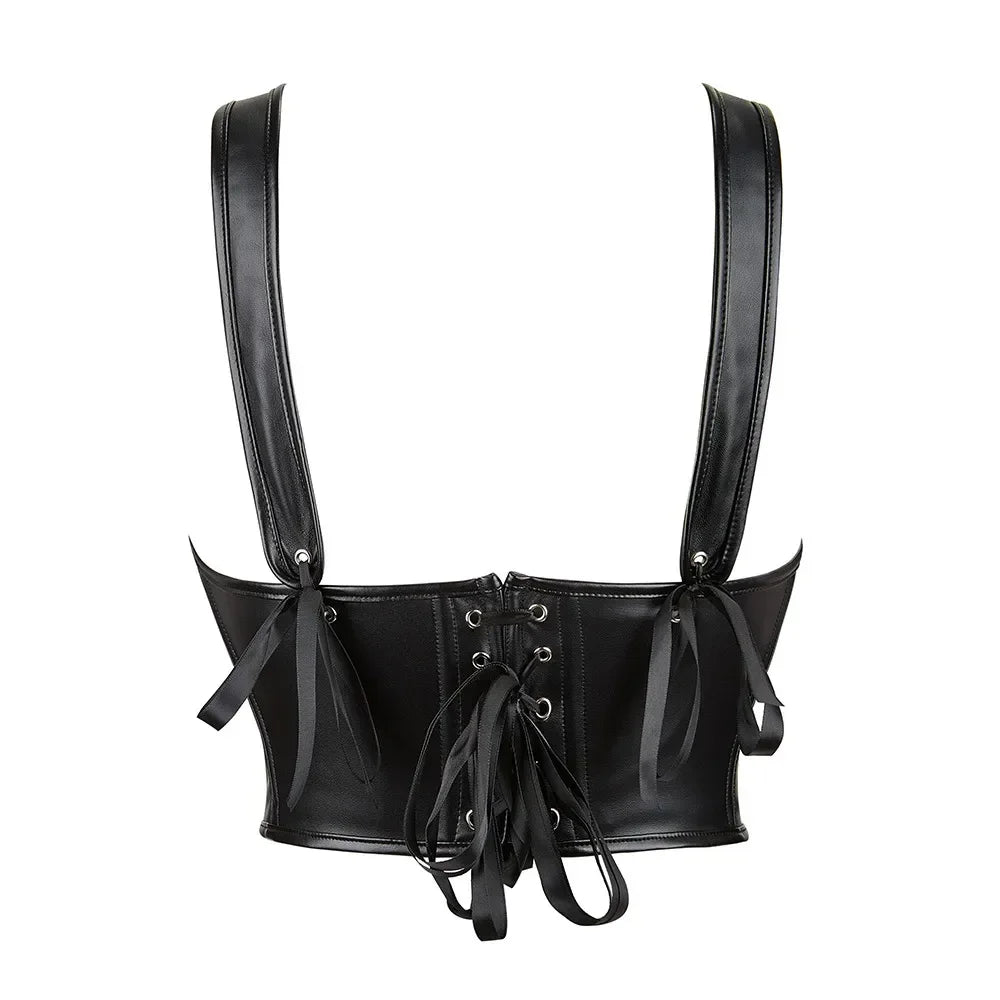Women Faux Leather Corset Crop Top Gothic Lace Up Overbust Corset Bustier Bra with Straps Fashion Streetwear Vest