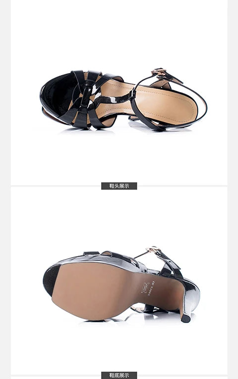 Women's Summer European and American Fashion Stiletto Waterproof Platform Leather Open Toe Round Head Buckle Sandals