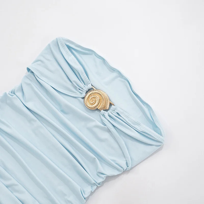 Mozision Metal Buckle Off-shoulder Sexy Mini Dress Women Robe Fashion Strapless Sleeveless Backless Bodycon Ruched Club Dress