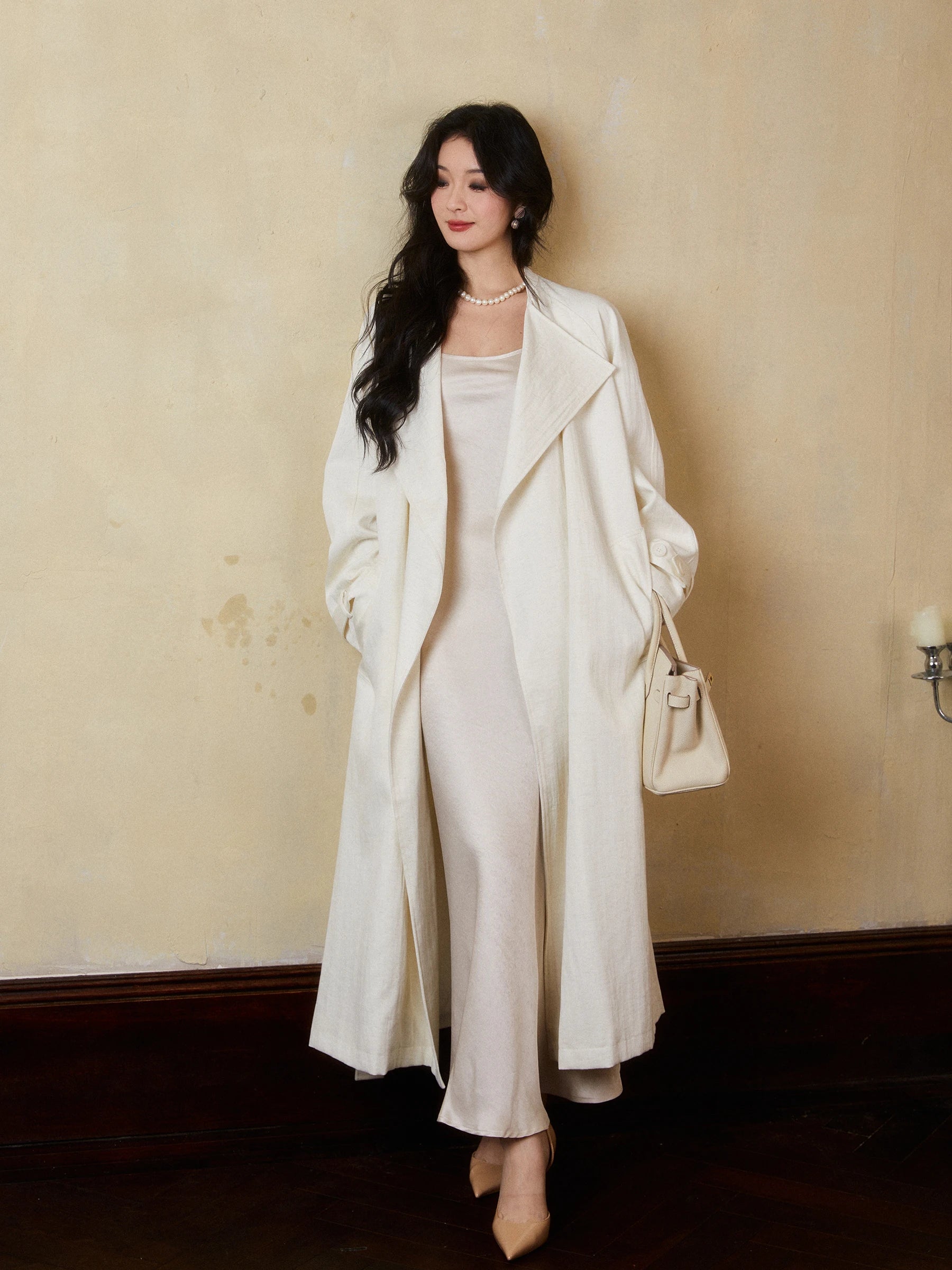 Lautaro Spring Autumn Oversized Long Linen Trench Coat for Women Sashes Loose Casual Flowy Korean Fashion Clothes Overcoat 2025