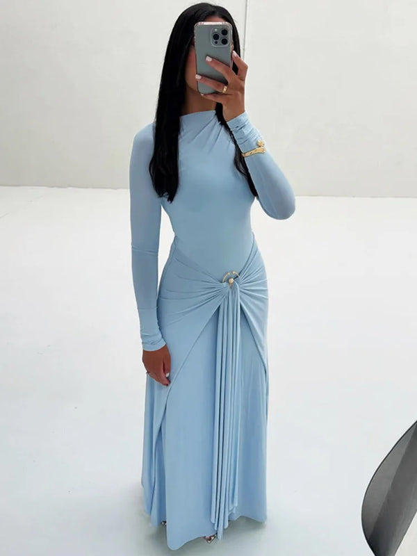 Mozision Elegant Long Sleeve Ruched Sexy Maxi Dress Women Gown Autumn Fashion Draped Bodycon Long Dresses Female Clothing Wofashion.xyz
